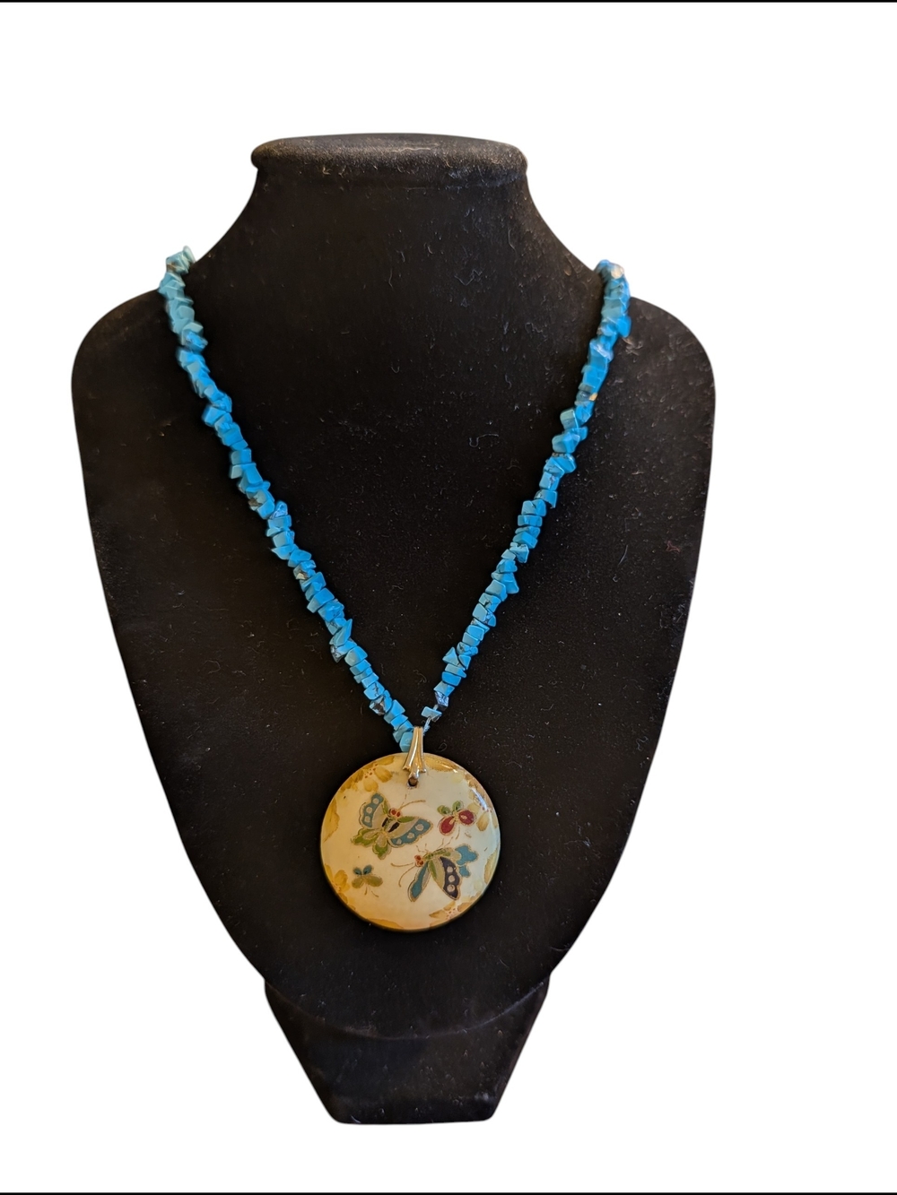 Turquoise Chip Bead Necklace with Floral Pendant - Blue